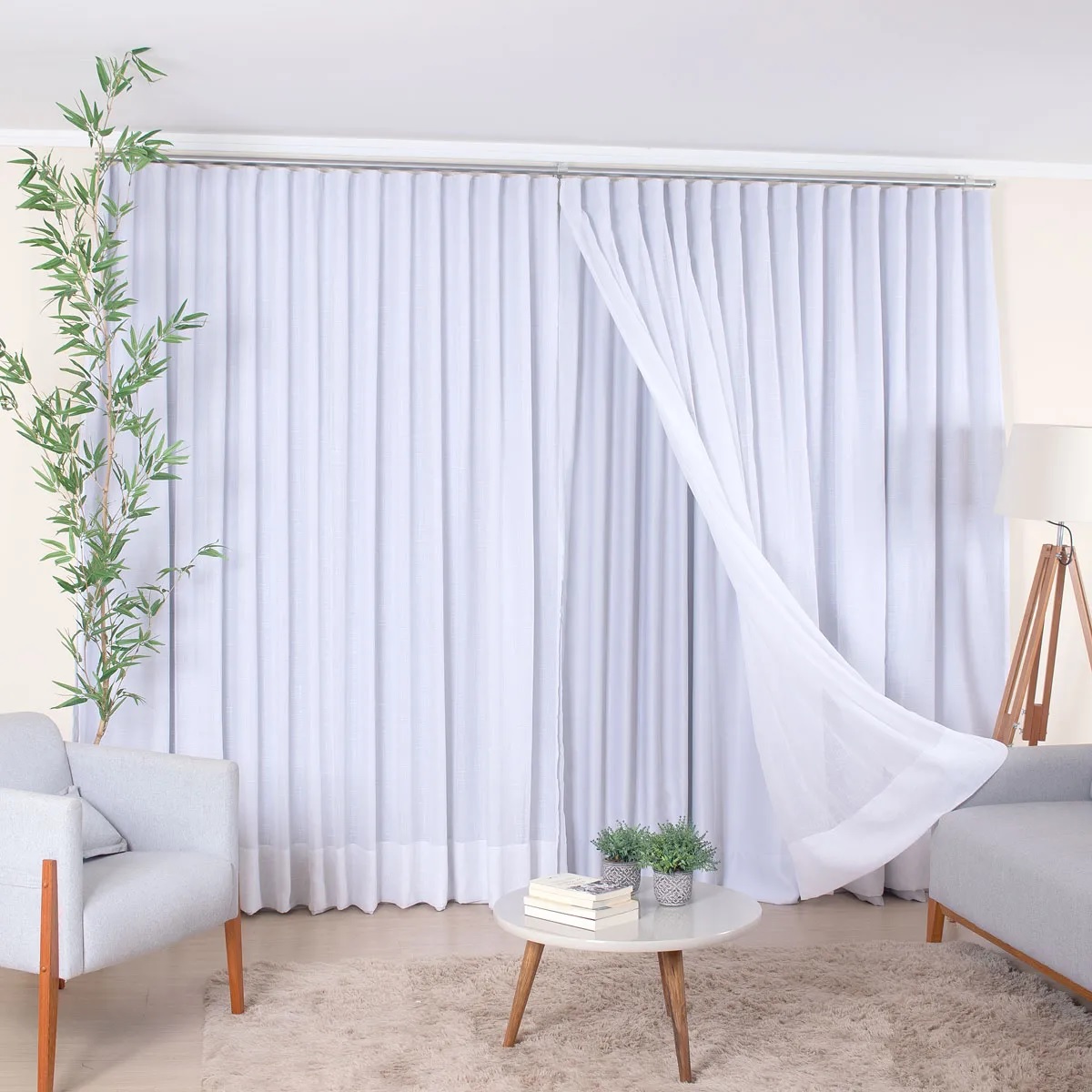 Cortina Linho Mônaco Com Forro Microfibra 5,00m Larg x Altura Ajust até 2,90m - p/ Trilho Simples 2m - Fatimalhas Decor Branco 