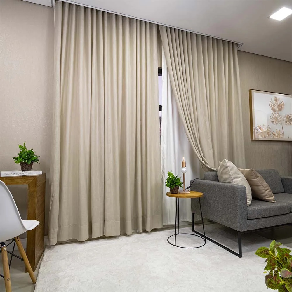 Cortina Linho Mônaco Com Forro Microfibra 5,00m Larg x Altura Ajust até 2,90m - p/ Trilho Simples 2m - Fatimalhas Decor Bege - Cópia (1)