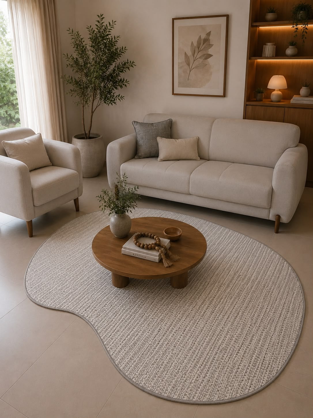 TAPETE ARTESANAL LUMINE ALBA G OFF WHITE COM CINZA ORGANICO