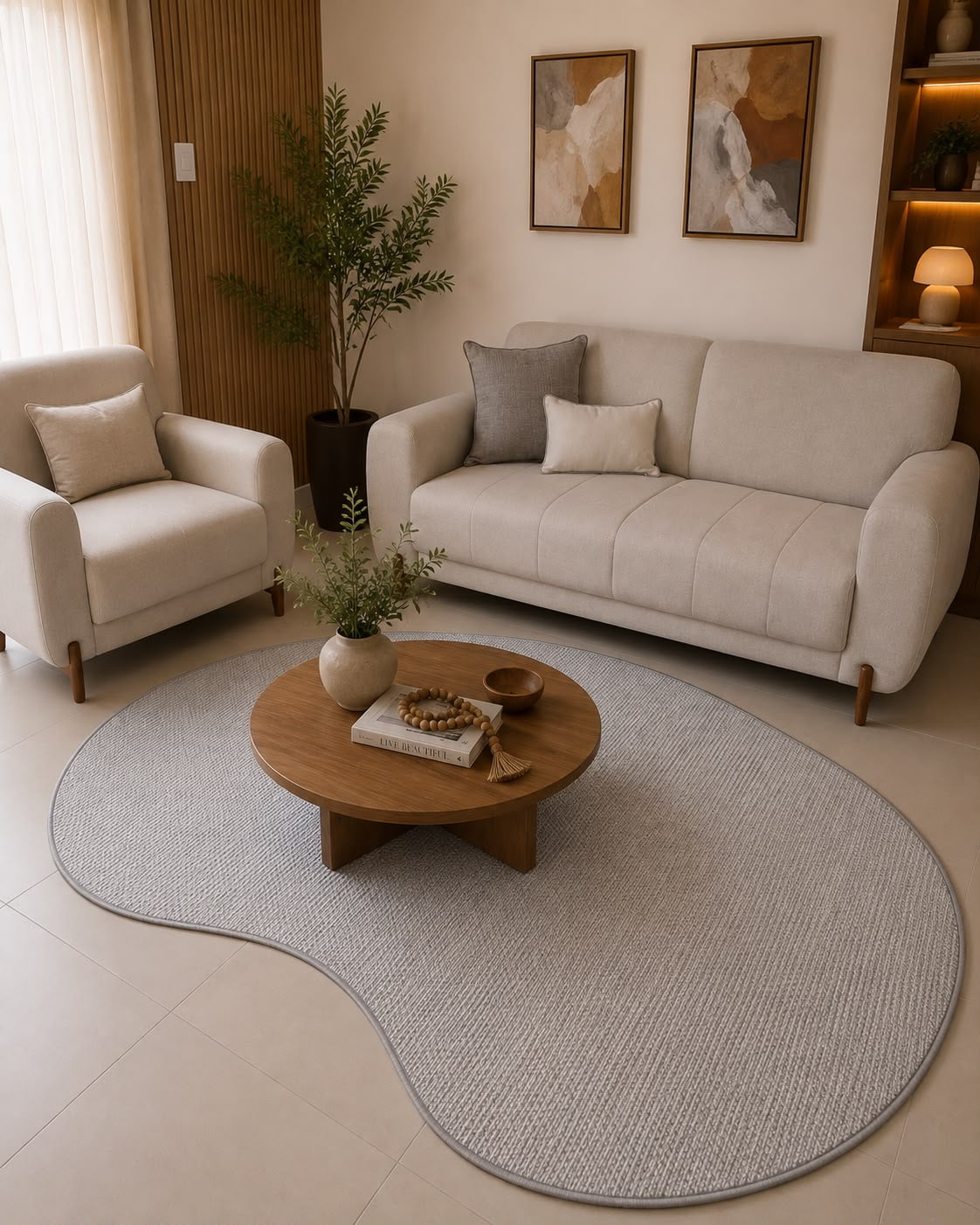 TAPETE ARTESANAL LUMINE AURA G CINZA COM OFF WHITE ORGANICO