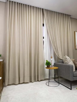 Cortina Linho Mônaco Com Forro Microfibra 6,50m Larg x Altura Ajust até 2,90m - p/ Trilho Simples 2,50m - Fatimalhas Decor Bege